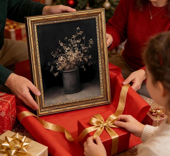 Vintage Gold Framed Wall Art Fall Dried Flowers Antique Vase Country Oil Painting Canvas Prints Dark Moody Rustic Still Life Picture Gothic Victorian Botanical Poster Artwork for Bedroom,16x24in