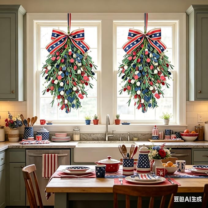 2 Pack 20'' Patriotic Swag Wreaths for Cabinets Artificial 4th of July Teardrop Wreath with Red White Blue Circular and Green Leaves for Independence Day Memorial Day Front Door Porch Window Wall