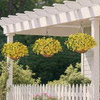 Artificial Faux Hanging Mums Plants Flowers Basket for Outdoors Summer Autumn Decoration,Hanging Planters with Fake Silk Daisy UV Resistant Realistic for Outside Porch Patio Balcony Garden Home Yellow