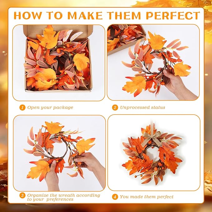 6 PCS Mini Fall Wreaths for Kitchen Cabinet 9 Inch Fall Maple Leaf Wreath for Front Door Small Autumn Hanging Wreath Thanksgiving Candle Ring for Farmhouse Home Porch Wall Window Table Decoration