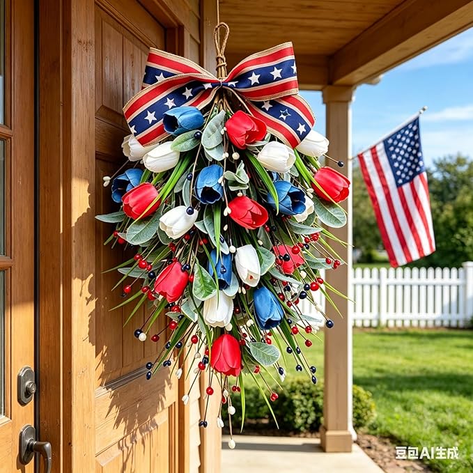 2 Pack 21'' Patriotic Swag Wreaths for Cabinets Artificial 4th of July Teardrop Wreath with Red White Blue Tulips Floral and Berries for Independence Day Memorial Day Front Door Porch Window Wall