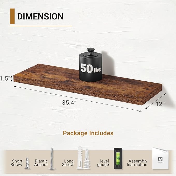 Vivelove 36" Floating Shelves for Wall, 12 inch Deep Display Shelves with Invisible Brackets, Long Shelf for Living Room Bedroom, Farmhouse Rustic Shelves Home Decor, Set of 2, Rustic Brown