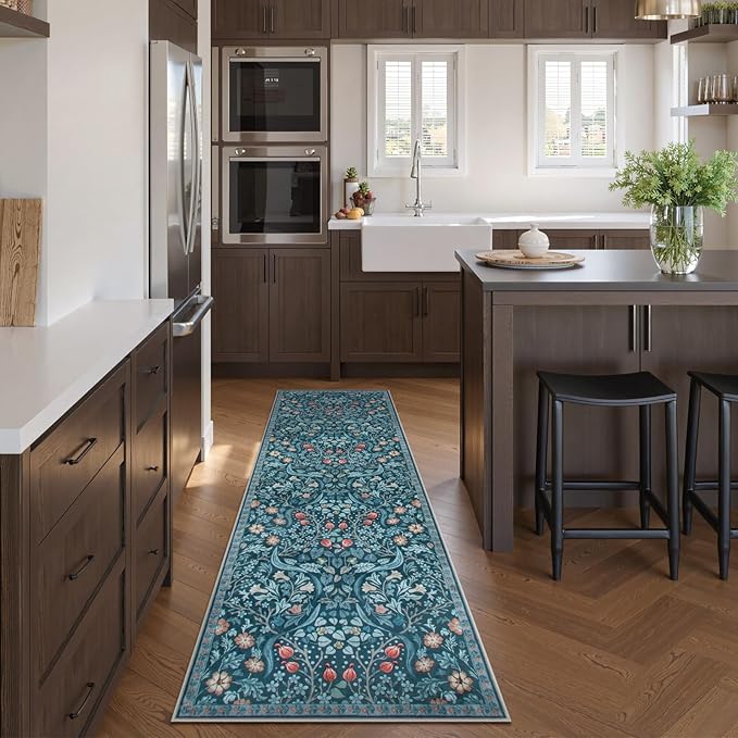 Moynesa Floral Kitchen Runner Rug 2x6, Washable Boho Runners for Hallways Non Slip Soft Bathroom Carpet Runner, Botanical Ultra Thin Throw Mat for Laundry Room Entryway, Teal