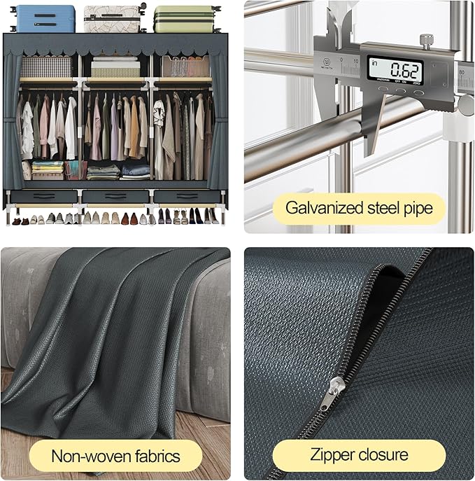 Portable Wardrobe, Freestanding Closet Hanging Organization, Metal Frame with Grey Fabric Cover, 3 Storage Compartments, 3 Hanging Rods, 3 Drawers.