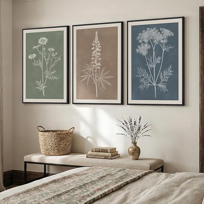 Framed Boho Botanical Wall Art for Living Room, 3 Piece Modern Farmhouse Neutral Floral Canvas Painting Prints, Minimalist Vintage Flower Plants Line Artwork for Bedroom Hallway Wall Decor, 24x36