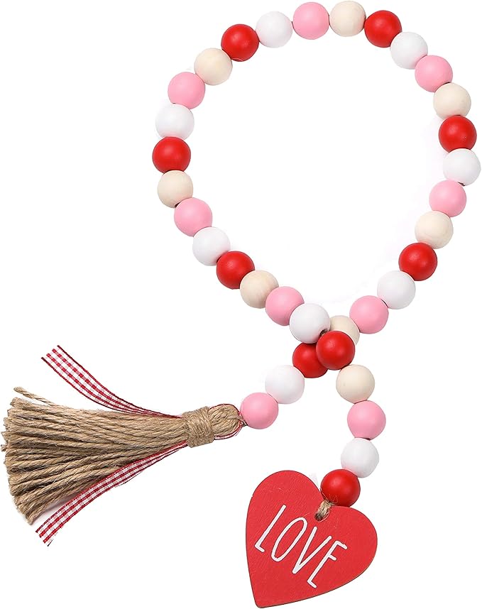 Valentine’s Day Wood Bead Garland with Tassels and Love Heart Shaped Wooden Embellishments Rustic Farmhouse Tiered Tray Wedding Decorations Home Decor (Red & White Love)