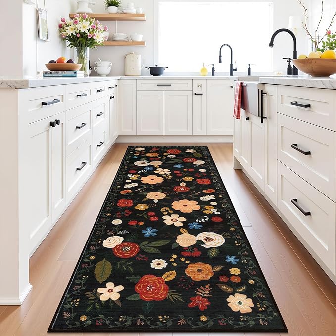 U'Artlines 2'6" x 8' Boho Runner Rug for Hallways Kitchen Colorful Floral Soft Non Slip Washable Floor Carpet Runners for Entryway Laundry Room Bathroom Black Green
