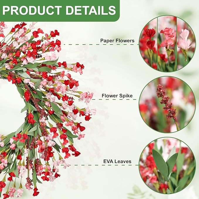 Artgar Front Door Wreath 26 Inch Spring/Summer Wreaths for Front Door, Front Door Wreaths for All Seasons for Indoor Outdoor Home Office Wall Window Wedding Farmhouse Decor (Red Pink)