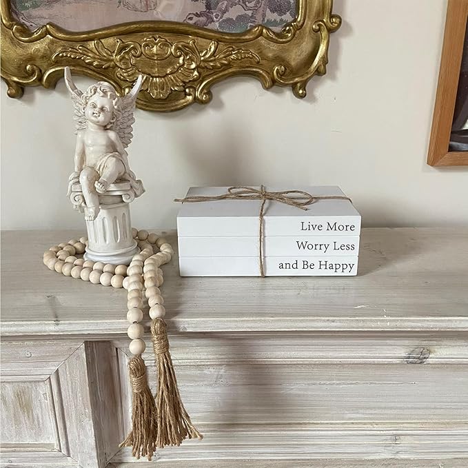 Decorative Books for Home Decor, White Faux Books for Decoration, Rustic Farmhouse Stacked Display Books with 52in Wood Bead Garland for Coffee Tables Living Room, (Happy)