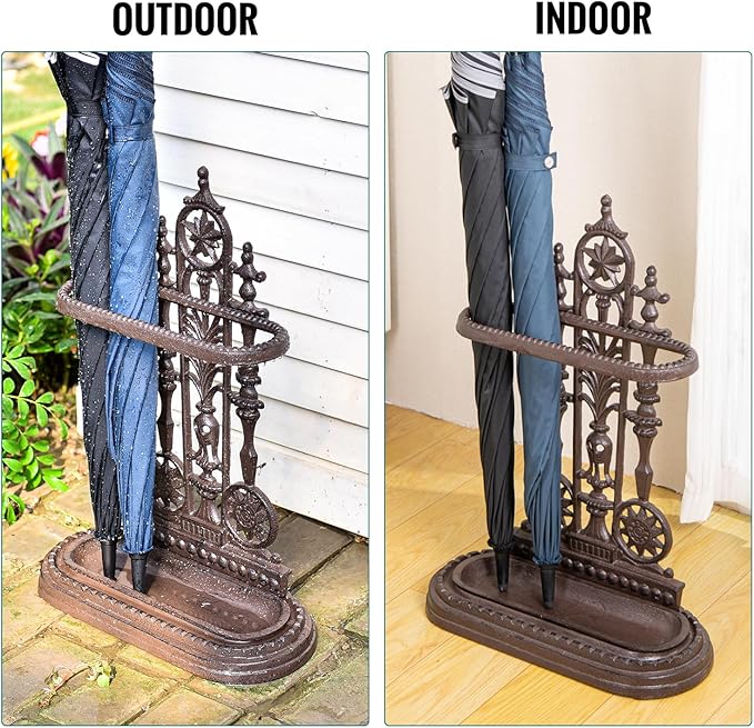 Sungmor Royal Style Cast Iron Umbrella Stand w/Detachable Drip Tray, Heavy Duty Rustic Umbrella Holder for Entryway,Front Door,Hallway,Outside Porch, Decorative Freestanding Umbrella Rack Organizer