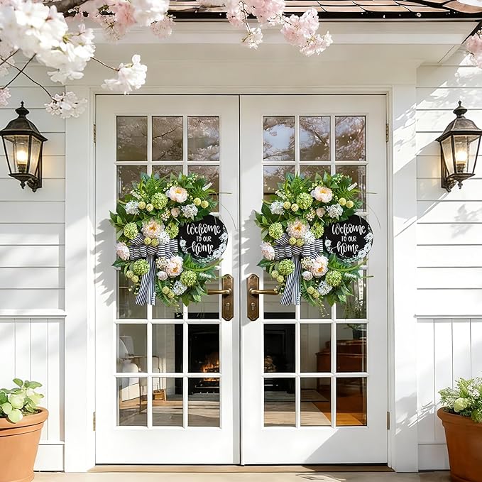Spring Summer Wreaths for Front Door, Half Circle Summer Wreath with Hydrangea & Peony, Striped Bow & Welcome Sign – 24 Inch Indoor/Outdoor Seasonal, Housewarming & Festive Spring Door Wreath Decor
