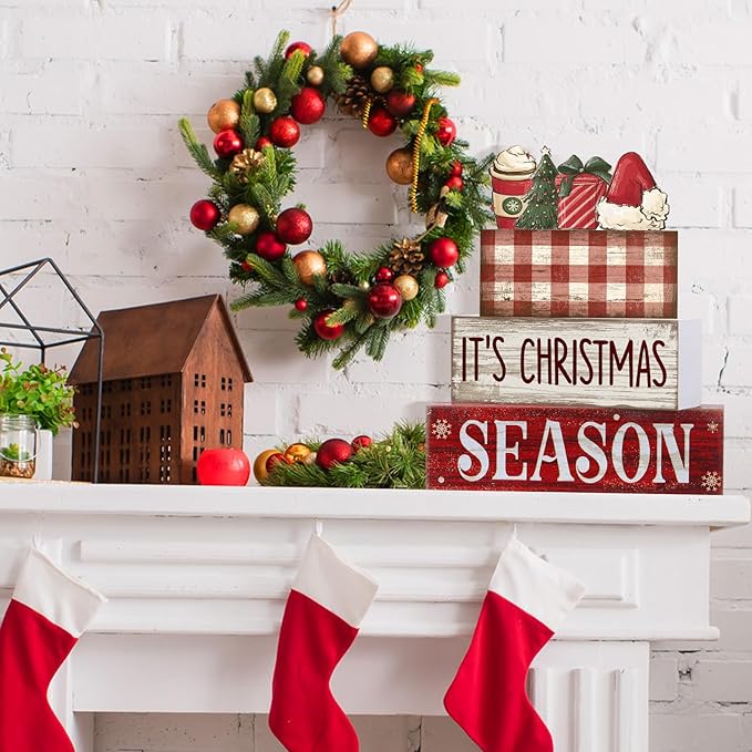 Lineshading 4 Pcs Christmas Table Decoration Wooden Hot Cocoa Santa Hat Decorations Christmas Tiered Tray Decor Winter Centerpiece Decorative Santa Hat Hot Cocoa Gift Box Tree Block Signs for Home