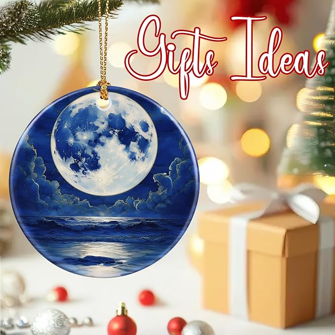 Christmas Ornaments, 2.8 Inch Ceramic Hanging Ornament, Christmas Tree Ornaments, Xmas Decorations, Holiday Decorations, Holiday Party Gifts, and Xmas Gift Ideas - Full Moon Over Ocean