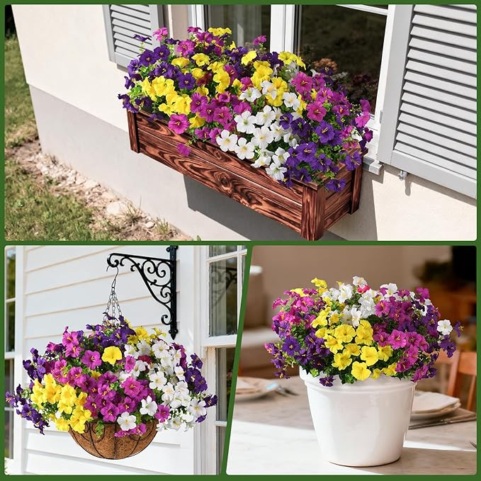 INQCMY Artificial Fake Flowers for Outdoor Spring Decoration,12 Bundles Faux Silk Colorful Morning Glory with Eucalyptus UV Resistant Realistic Fake Plants for Outside Planter Porch Patio Yard Garden