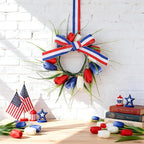 4 PCS 4th of July Hanging Wreaths for Cabinet Small Patriotic Tulip Silk Independence Day Wreaths for Front Door with Red White and Blue Flower Memorial Day Labor Day Candle Wreath for Home Wall Decor
