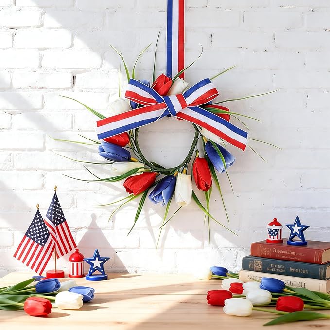 4 PCS 4th of July Hanging Wreaths for Cabinet Small Patriotic Tulip Silk Independence Day Wreaths for Front Door with Red White and Blue Flower Memorial Day Labor Day Candle Wreath for Home Wall Decor