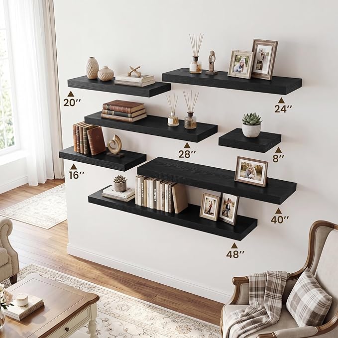 RICHFOCUS 20Inch Floating Shelves for Wall 2 Pack Shelves for Bedroom|Kitchen|Bathroom|Laundry Room Rustic Wood Wall Mounted Shelf with Invisible Brackets for Books|Storage|Decor, Black