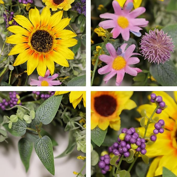 22 Inch Sunflower Wreaths for Front Door, Spring Summer Floral Wreath with Sunflowers, Purple Wildflowers and Lavender, Mixed Greenery for Indoor Outdoor Porch Wall Wedding Farmhouse Decor