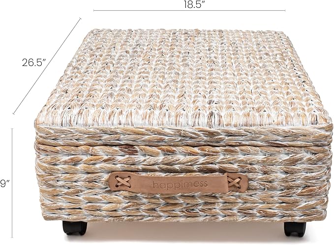 happimess BSK1006C 26.38" Chett Minimalist Hand-Woven Hyacinth/Wood Underbed Storage Bin with Wheels and Handles for Storage and Decoration in Bathroom, Bedroom, Closet,Entryway,Guest Room, White Wash