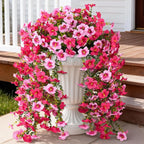Artificial Hanging Flowers Plants for Outdoor Spring Summer Decoration, 2PCS Faux Silk Morning glory UV Resistant Look Real for Outside Home Indoor Planter Porch Garden Yard Decor(Rose Red Pink)