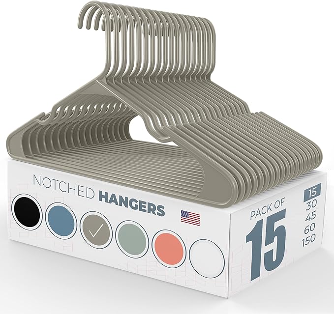 Neaties Plastic Hangers 15 Pack – Made in The USA – 6lb Capacity Standard Clothes Hangers with Notches and Reinforced Edges for Dresses, Lingerie, Shirts, Pants, and Jackets – Gray