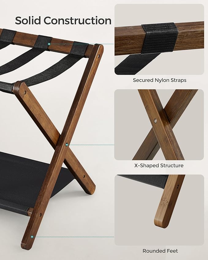 SONGMICS Bamboo Luggage Rack for Guest Room, Set of 2, Folding Suitcase Stand with Fabric Storage Shelf, for Hotel, Bedroom, Heavy-Duty, Holds up to 131 lb, Walnut Brown URLR007D02