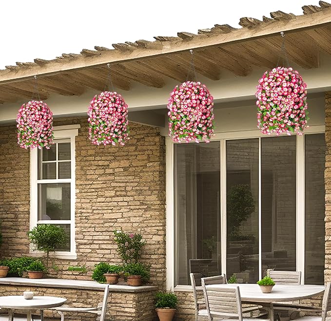 Artificial Faux Hanging Flowers Basket for Spring Summer Outdoor Porch Decor, Fake Silk Colorful Morning Glory Eucalyptus in Planter UV Resistant Look Real for Home Patio Balcony Yard(Pink)