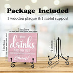 Pink Bar Signs For Home Bar Decorations For Home 5 Inches Bar Sign With Iron Support, The Drinks Are On Us! The Hangover Is On You! Bars And Pubs Decor, Bar Accessories(Pink) - D03