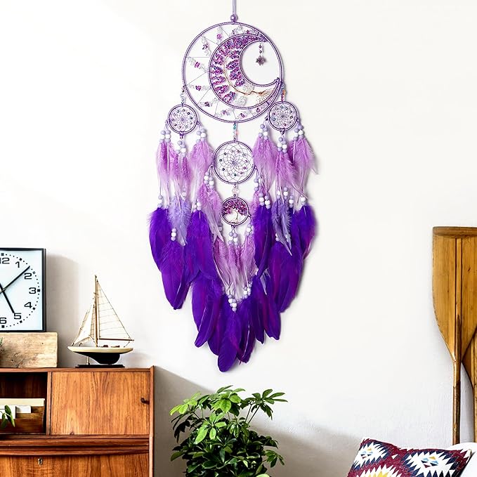 Large Dream Catchers, Handmade Woven Moon Healing Crystal Stone Dream Catcher Wall Hanging Ornament for Bedroom Living Room Wedding Party Decor, Festival Blessing Craft Gift (Purple Moon)