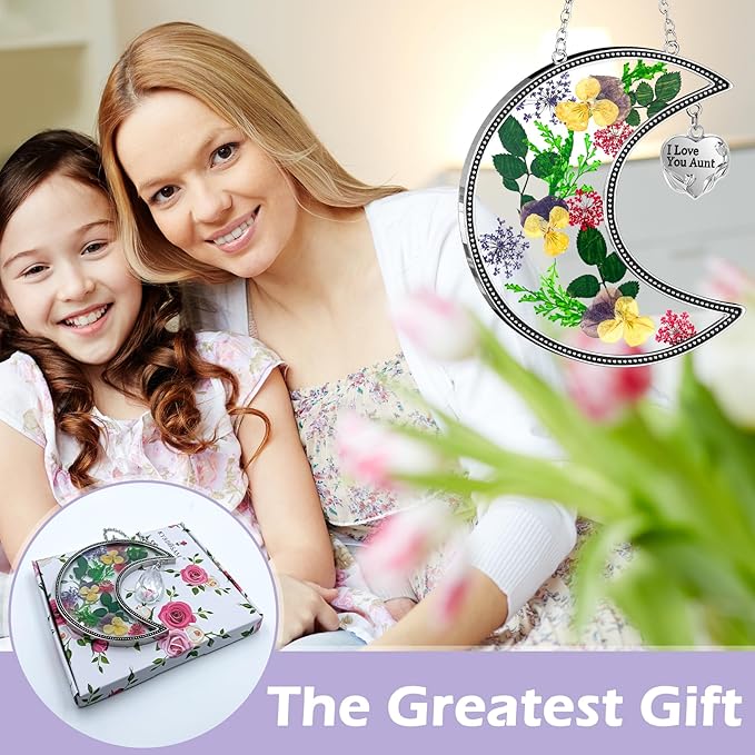 KY&BOSAM Moon Suncatchers Aunt Gifts for Mom Family Friends Stained Glass for Windows Wind Chimes Real Flower Colorful and Metal I Love You Aunt Heart Chain Outdoor for Garden Indoor Home Trees Decor