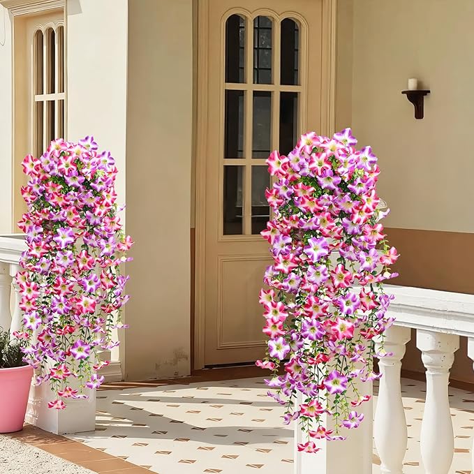 Waipfaru Artificial Petunias Flowers for Outdoors, 2 Pcs UV Resistant Fake Hanging Plants Spring Outside Decor, Faux Silk Flowers Long Trailing Vines for Outdoor Planters Porch Garden (Purple Fuchsia)
