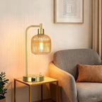 QiMH Industrial Table Lamp for Bedroom Set of 2, Champagne Glass Beside Lamp with USB A&C Ports, Stepless Dimmable Gold Lamps, Nightstand Lamps for Living Room, Office, Home Decor(Bulb Included)