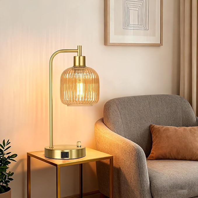 QiMH Industrial Table Lamp for Bedroom Set of 2, Champagne Glass Beside Lamp with USB A&C Ports, Stepless Dimmable Gold Lamps, Nightstand Lamps for Living Room, Office, Home Decor(Bulb Included)