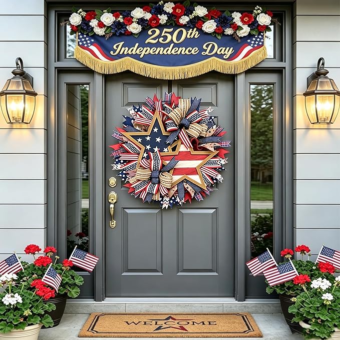 250th Anniversary Patriotic Wreath, 1776-2026 American Independence Day Wreath,16 in Red White Blue Front Door Wreath, Indoor Outdoor Home Decor for 4th of July, Memorial Day, Veterans Day (New)