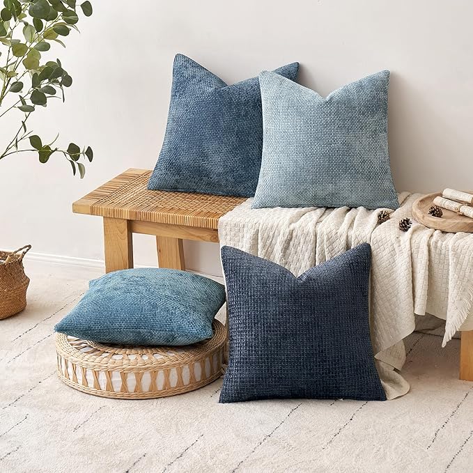 MIULEE Pack of 4 Couch Throw Pillow Covers 20x20 Inch Neutral Blue Soft Decorative Chenille Pillow Covers Farmhouse Accent Cushion Covers for Boho Western Spring Coastal Decor Sofa Bed Living Room