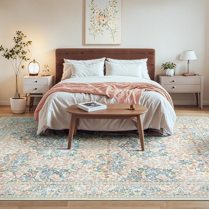 Lessymo Floral Washable Rugs 8x10, Faux Wool Soft Area Rugs for Living Room Bedroom, Boho Non-Slip Forest Stain Resistance Large Carpet for Dining Room Home Office, Beige Brown