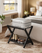 SONGMICS Solid Wood Luggage Rack, No Assembly Required, Foldable Suitcase Stand, Luggage Holder, with Storage Shelf, for Guest Room, Hotel, Bedroom, Ink Black URLR020B02