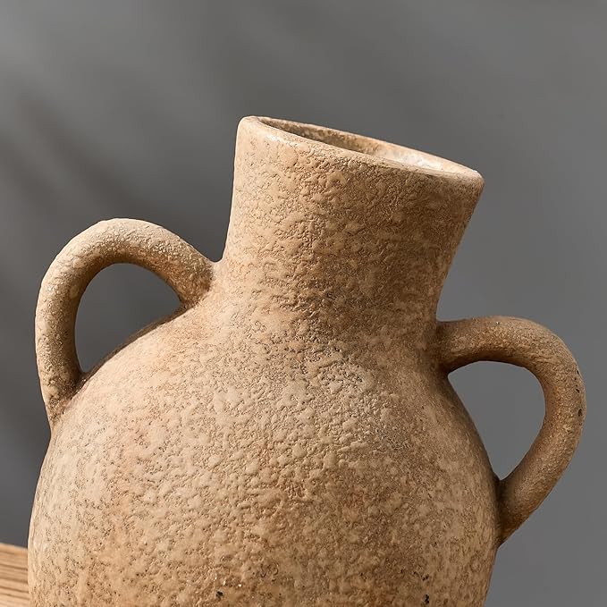 SIDUCAL Rustic Ceramic Farmhouse Flower Vase with 2 Handles, Terracotta Vase, Decorative Pottery Flower for Home Decor, Table, Wedding, Living Room, Shelf Decor, 7.3 Inch, Brown