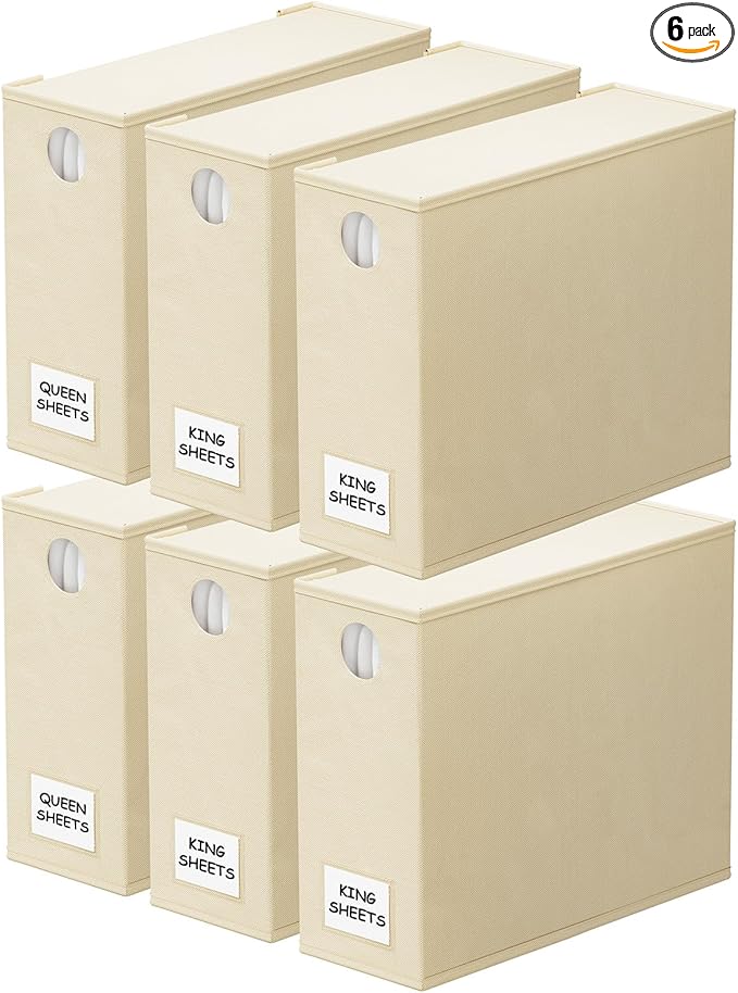 SpaceAid 6 Pack Bed Sheet Organizers and Storage, Foldable Sheet Organizer for Linen Closet, Sheets Set Folder Keeper with Window XL (Queen & King Size) Bedding Container (Beige, 6 Pack)