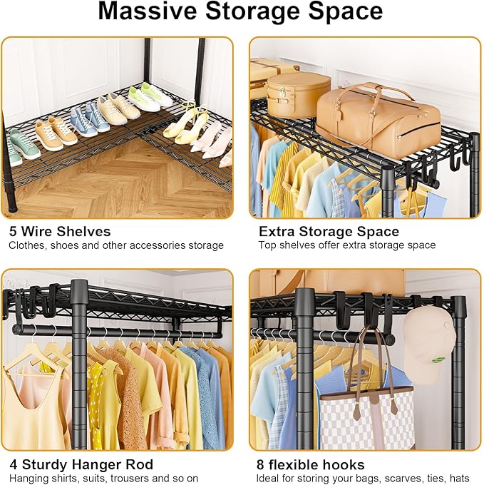 E15 Pro Garment Rack L Shaped Clothes Rack for Corner，Freestanding Clothing Racks for Hanging Clothes，Heavy Duty Closet System with 4 Hanging Rods & 8 S Hooks，48.8"W x 15.8"D x 78.4"H，Black
