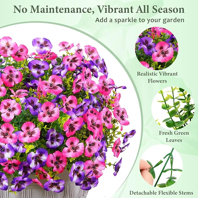MARTINE MALL 12 Bundles Look Real Artificial Flowers for Outdoors, Realistic Fake Outdoor Flowers, UV Resistant Silk Pansy Flowers for Outside Faux Flowers Plants for Outdoor Porch Patio, Pink+Purple