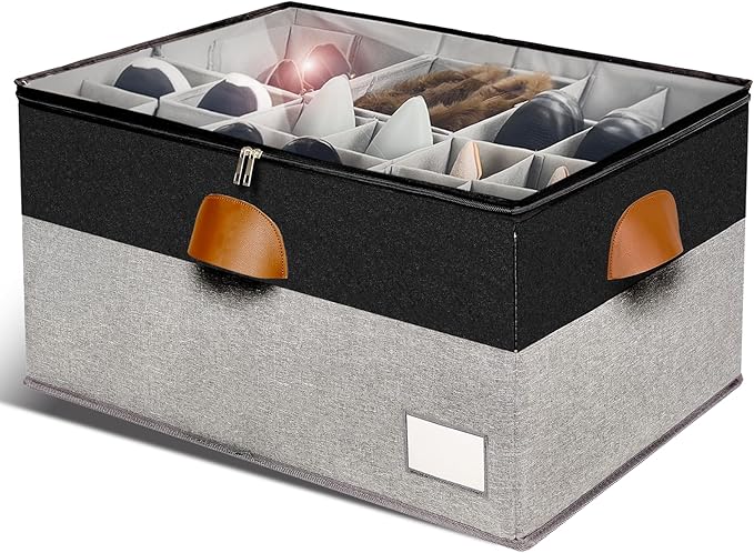 Shoe Organizer for Closet, Foldable Shoe Storage Bins with Clear Cover, Space Saving Shoes Holder with 4 Handles, Large Adjustable Shoe Box Storage Containers, Fits 12-24 Pairs, 1 Pack, Black