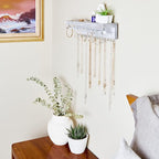 Rustic Necklace Jewelry Organizer - Gray White Wall Mount Jewelry Holder - Mounted Hanging Jewelry Storage Hooks for Necklace, Earrings, and Rings - Farmhouse Wood Decor Bedroom Boho Shelf Rack