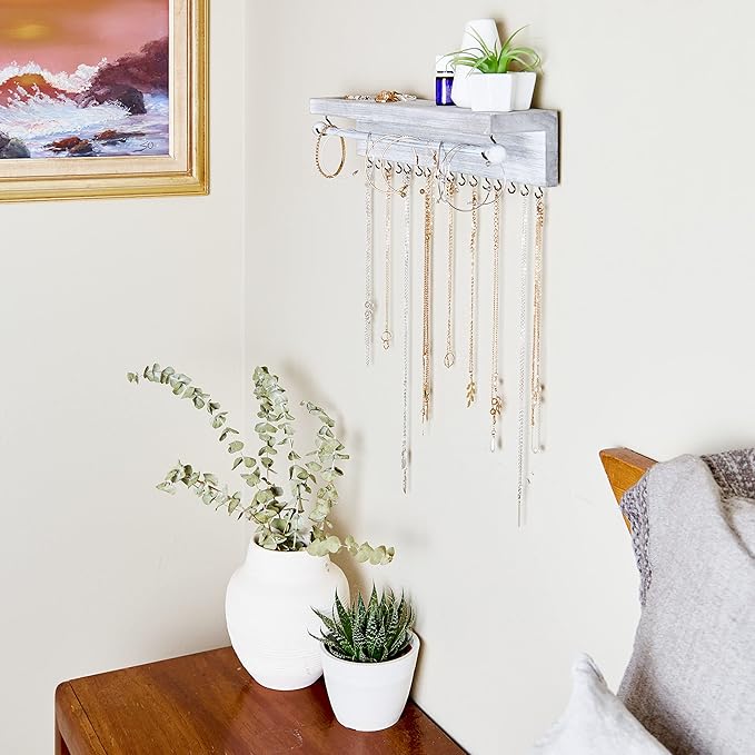 Rustic Necklace Jewelry Organizer - Gray White Wall Mount Jewelry Holder - Mounted Hanging Jewelry Storage Hooks for Necklace, Earrings, and Rings - Farmhouse Wood Decor Bedroom Boho Shelf Rack