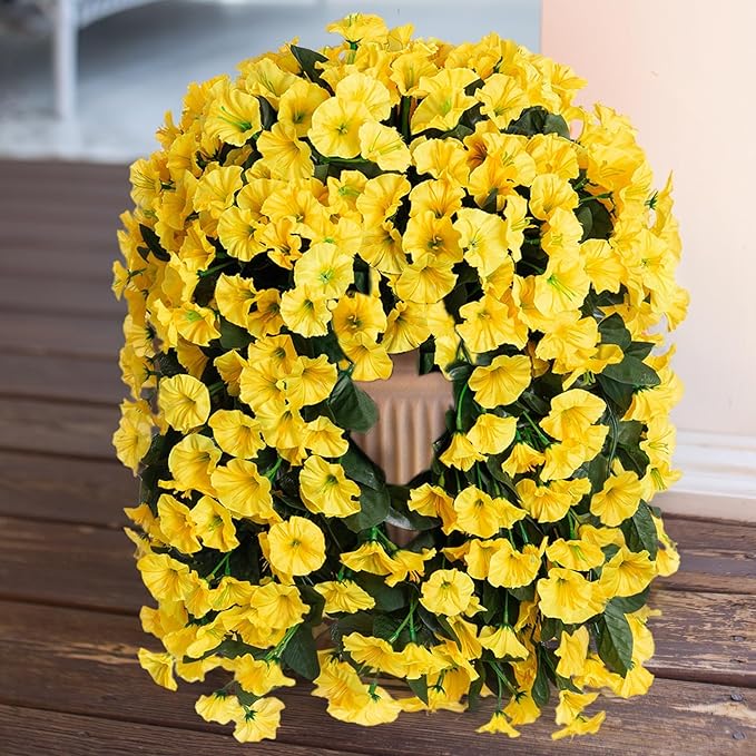 HyeFlora Artificial Fake Hanging Flowers Plants for Outdoor Outside Spring Decoration, 2PCS Faux Silk UV Resistant Look Real Yellow Morning Glory Trailing Vines for Home Planter Porch Patio Balcony