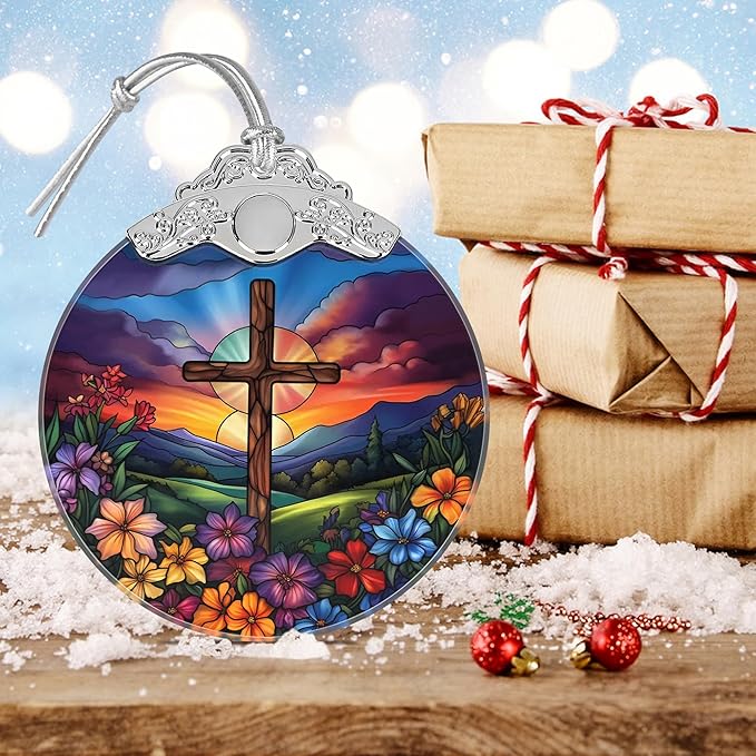 Religious Christmas Ornaments, Christmas Tree Decoration, Holiday Ornament, Christian Home Decor, Gift Exchange, Gift Idea - Cross Spring Flower