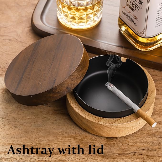 Cute Ashtrays for Cigarettes Smokeless Ash Tray with Stainless Steel Liner Windproof Wooden Ashtray with Lid for Home Office Tabletop Outside Patio