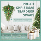 Pre-lit Artificial Christmas Teardrop Swag With 30 LED - 24 in Pine Greenery for Staircase Decorations