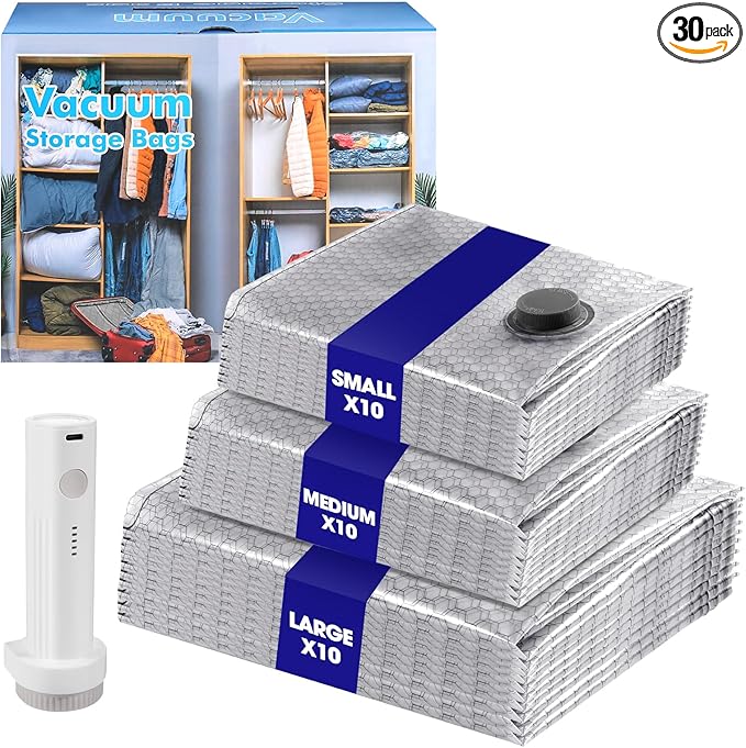 30 Pack Vacuum Storage Bags with Rechargeable Wireless Pump,10 Large 10 Medium 10 Small Space Saver for Travel Home Seasonal Storage Compression Packing Bags for Clothing Blankets