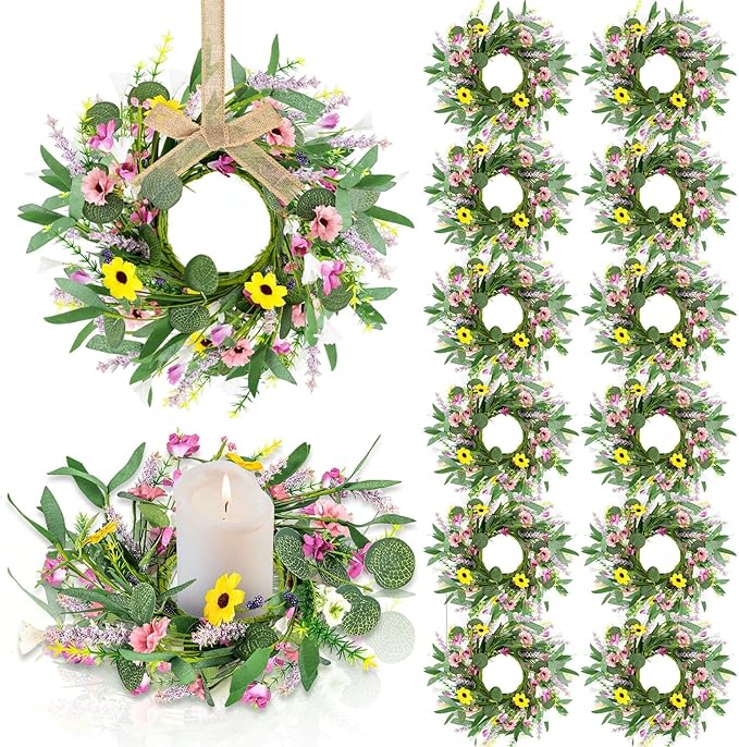 12 Pcs 3inch Spring Summer Artificial Flowered Wreath Mini Floral Wedding Candle Rings Wreaths Kitchen Cabinet Swags Wreath Pillar Candle Holder for Wedding Spring Summer Home Door Tabletop Decoration